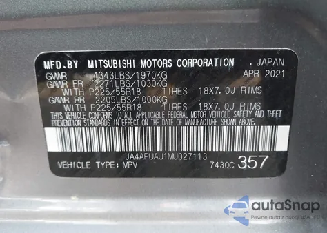 2021 Mitsubishi Outlander Sport 2.0 Es 2Wd z USA, uszkodzony, nr VIN JA4APUAU1MU027113